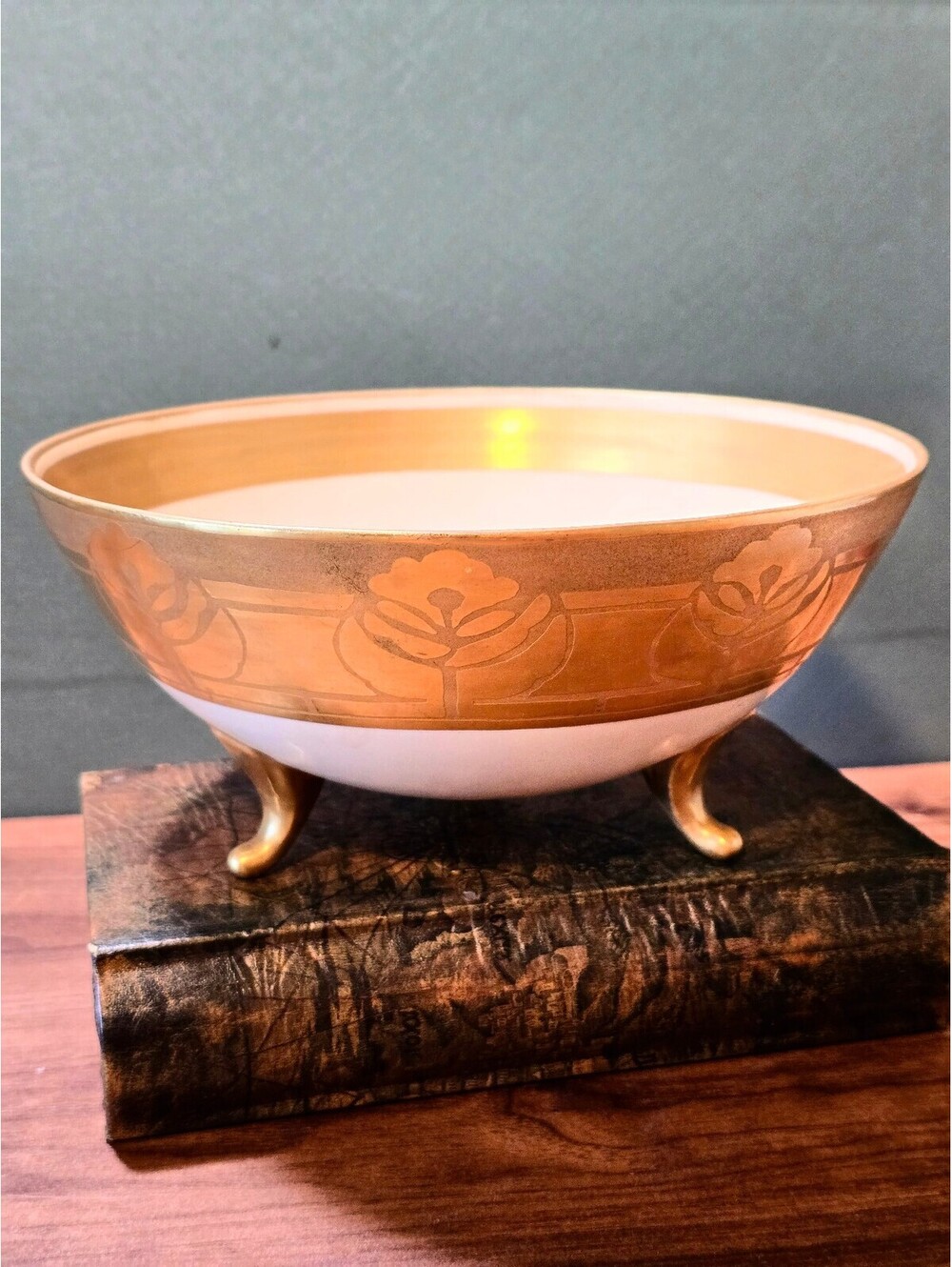 Antique 1923 O. Kelly Signed Hand Painted Gold Porcelain Footed Bowl